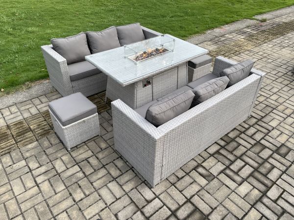 Fimous 8-Sitzer Polyrattan Gartenmöbel Set mit 2 Sofa; Gas Feuertisch und 2 Kleiner Hocker Outdoor Terrassen Essgruppe Helles Grau
