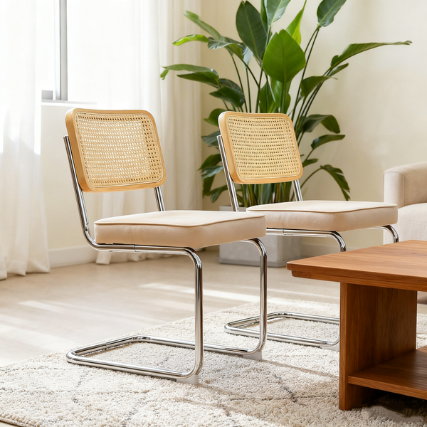 LVHOM Freischwinger 2er Set Esszimmerstuhl, Retro Küchenstuhl mit Chromgestell & Rattan-Rückenlehne, gepolsterter Samtsitz, stapelbar, moderne Wohnzimmerstuhl, Beige
