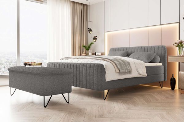 99rooms Lucio Boxspringbett mit Hocker Boucle-Stoff ANTHOLOGY Grau 180x200 cm