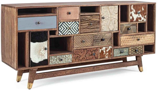 Sideboard Dhaval aus Mangoholz, klassisch, natur bunt, 160 cm, mit 11 Schubladen und 2 Türen