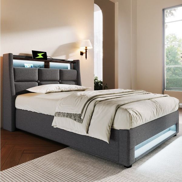 Celya Polsterbett Polsterbett mit USB, mit Lattenrost aus Metallrahmen (90x200cm, Ohne Matratze), Bettgestell aus Leinenmaterial Jugendbett