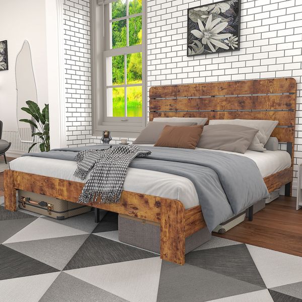 Bett 140×200 cm mit Metall-Lattenrost und hohem Kopfteil in Braun