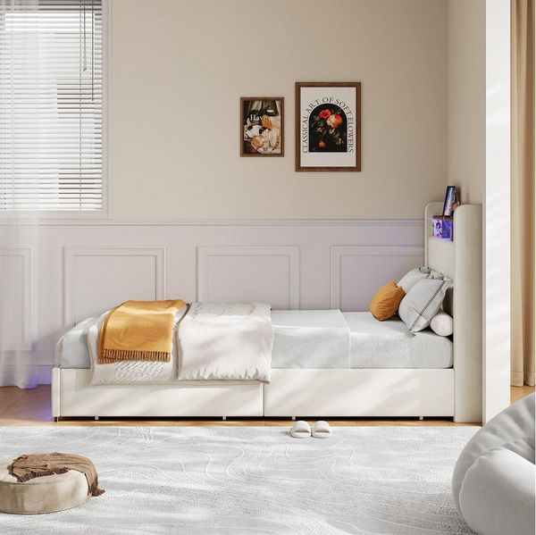 PXloue Polsterbett LED Doppelbett 180x200 cm, mit USB-Laden und Stauraum am Kopfteil,Leinen,90x200 cm