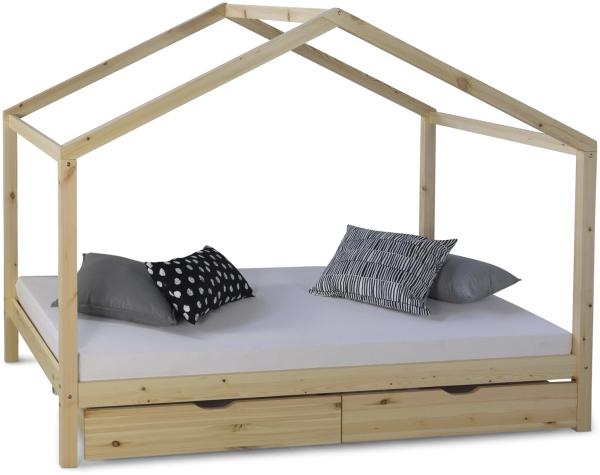 Homestyle4u Hausbett inkl. Bettkasten und Lattenrost, Kiefernholz natur, 90 x 200 cm