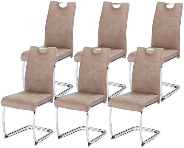 KHG 6er Set Esszimmerstühle Schwingstuhl Polsterstuhl Küchenstuhl Mikrofaser Beige - Design Stuhl Sitzhöhe 48 cm - Freischwinger mit integriertem Griff