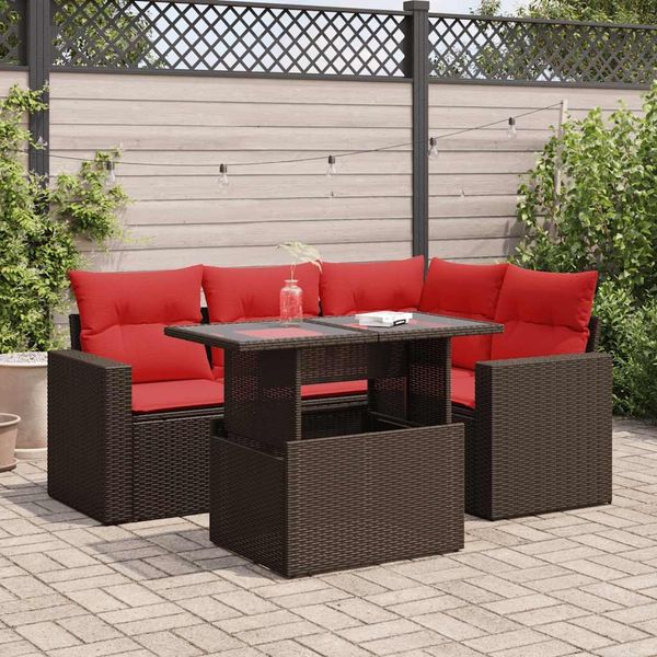 vidaXL 5-tlg. Garten-Sofagarnitur mit Kissen Braun Poly Rattan Akazie 3326315