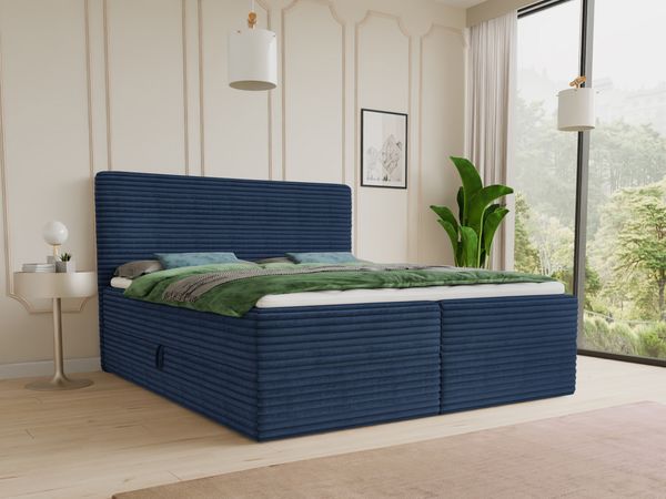 Boxspringbett Mollo mit 2 Bettkästen, Doppelbett mit Bonell-Matratze und Topper, Polsterbett in weichem Cordstoff, Bett, Bettgestell für Schlafzimmer (Blau (Tilia 77), 160 x 200 cm)