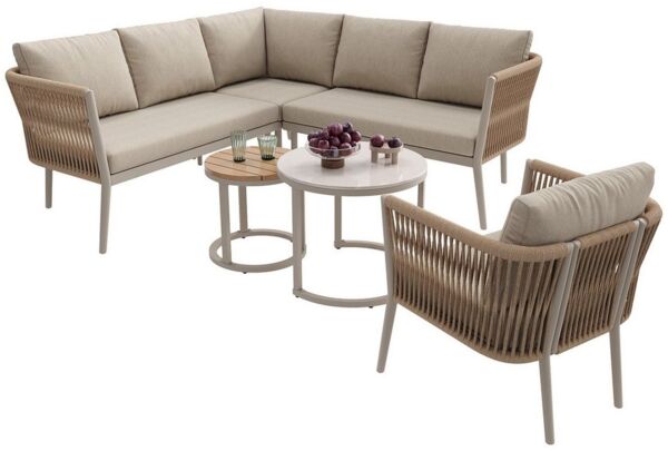 MODFU Gartenlounge-Set Großes Outdoor Sofa Set, (mit wasserfester Sitzbank und Kissenset, Modulares Ecksofa Set für Terrasse Balkon, 1-tlg, Sofa 114,5×61×67, Sessel 53×53×75, Eck 61×61,5×67, Tische 41,5/58 cm)