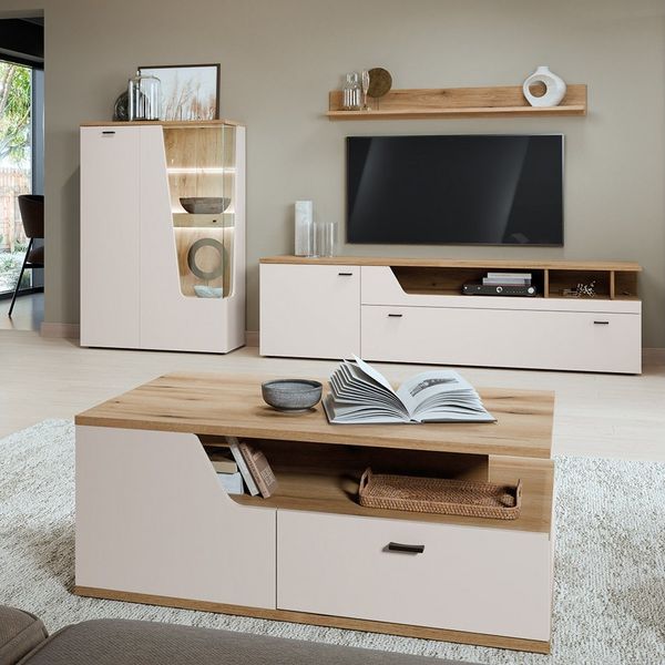 Lomadox Wohnzimmer-Set CARMONA-129, (Mega-Spar-Set, 4-St, Couchtisch Highboard Lowboard Wandregal), in Kaschmir und Eiche, inkl. LED-Beleuchtung