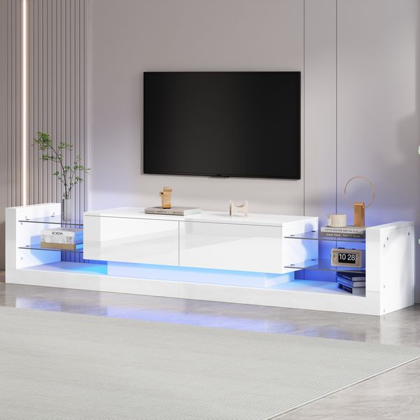 TV-Schrank, Hochglanz, mit LED-Beleuchtung & 2 Klappschubladen, 181x38x38 cm, Weiß