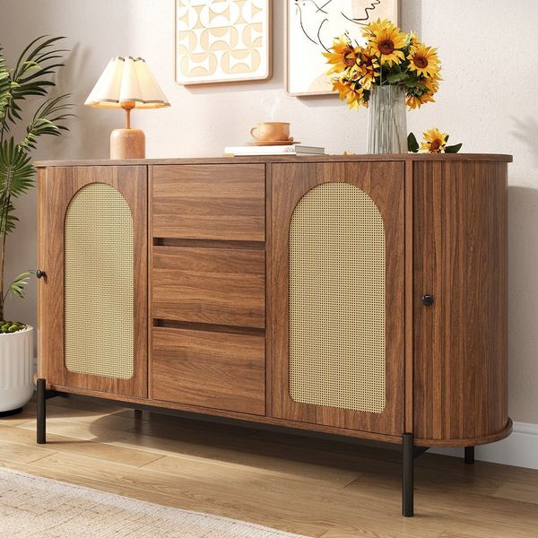 Merax Sideboard mit Rattantüren, Ovales Aufbewahrungsschrank in Holzoptik (140 × 38 × 77,5 cm, 1 St), Kommode mit 2 Schiebetüren, 3 Schubladen, Metallbeinen & Stauraum