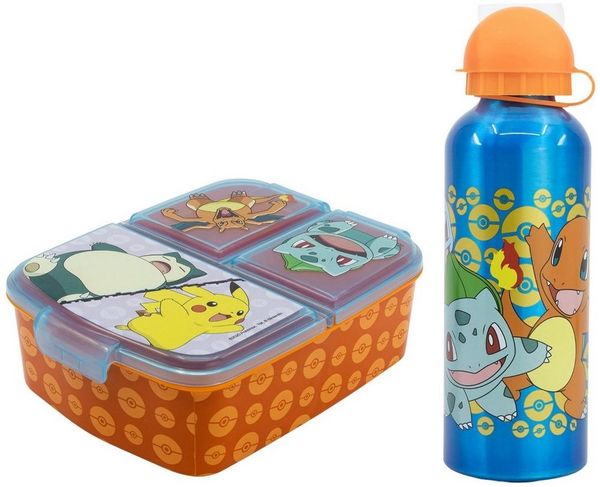 POKÉMON Lunchbox Pokemon Pikachu Kinder 2 tlg. Set 3 Kammern Brotdose, (2-tlg, Spar-Set), XL Alu-Flasche 530 ml