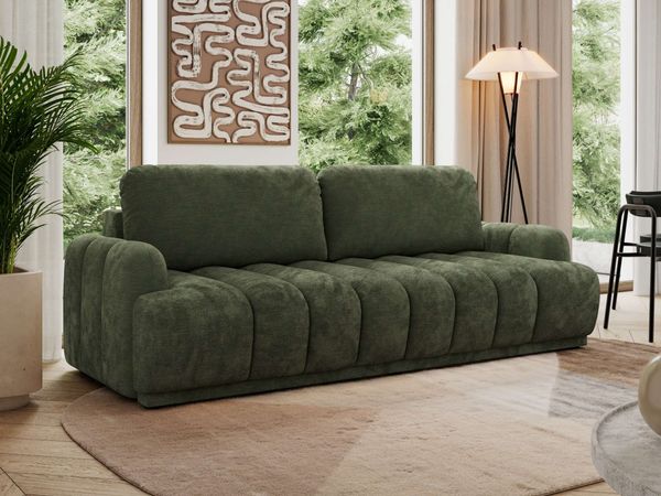 Schlafsofa ACCORDO 3-Sitzer mit Schlaffunktion, DL-Mechanismus, Wellenfederung & Massivholz, freistehend rundum bezogen - Dunkelgrün Schenille glatt