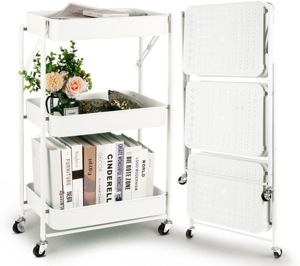 Todeco Klappbarer Rollwagen mit 3 Ebenen, Servierwagen, Küchenwagen aus Metall und Kunststoff, Keine Montage, 46 x 29 x 78 cm, für Bad, Küche (Weiß)