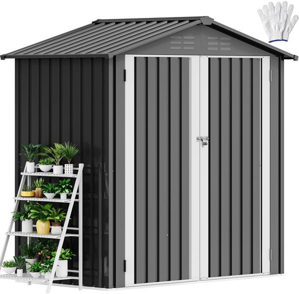 DWVO Gerätehaus 6x4 Fuß (183x122 cm) aus Metall, Gartenhaus mit abschließbarer Tür, Wetterfester Aufbewahrungsschuppen aus feuerverzinktem Stahl für Werkzeuge, Garten & Terrasse - Dunkelgrau