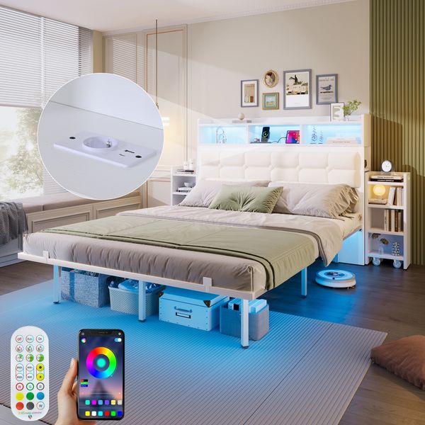 Polsterbett 140x190 cm ohne Matratze mit LED, Ladestation, 2 ineinander verschiebbaren Nachttischen und modernem Schwimmbett-Design