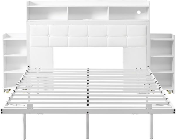 Polsterbett 140x190 cm ohne Matratze mit LED, Ladestation, 2 ineinander verschiebbaren Nachttischen und modernem Schwimmbett-Design Bild 6