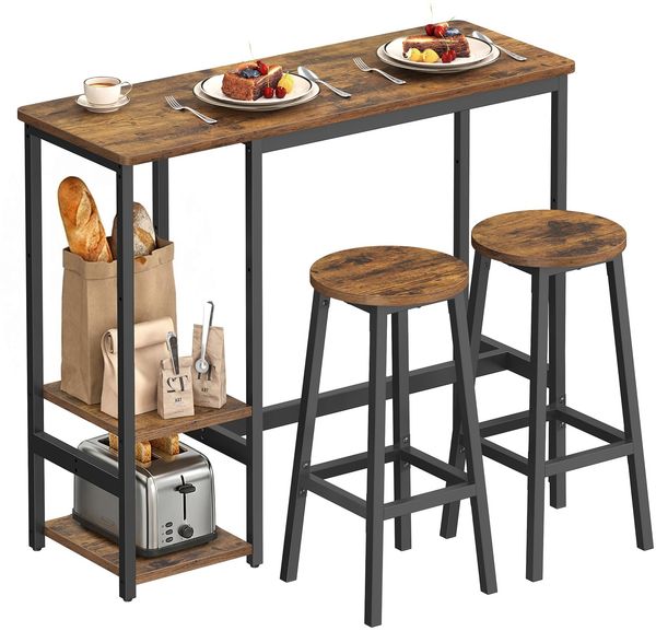 VASAGLE Bartisch mit 2 Barstühlen, Esszimmermöbel-Set, Essgruppe, mit Aufbewahrungsregal, für Wohnzimmer, Küche, Metallrahmen, einfache Montage, vintagebraun-schwarz LBT220KD01