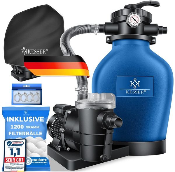 KESSER Sandfilteranlage 600W Sandfilter für Pools 13200L/h Durchfluss Poolfilter 7-Wege Ventil (Filteranlage mit Pumpe, 1200g Filterbälle Druckmanometer, Abdeckung), Tankvolumen für bis 30kg Sand Professionelle Poolwasserfilterung