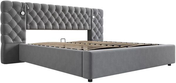 Polsterbett 160x200 cm mit Bettkasten, LED-Leselicht, Samt in Grau, ohne Matratze Bild 8