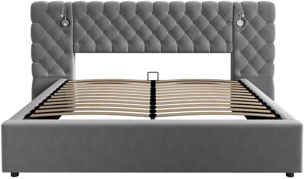Polsterbett 160x200 cm mit Bettkasten, LED-Leselicht, Samt in Grau, ohne Matratze Bild 9