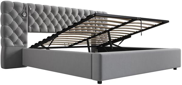 Polsterbett 160x200 cm mit Bettkasten, LED-Leselicht, Samt in Grau, ohne Matratze Bild 7