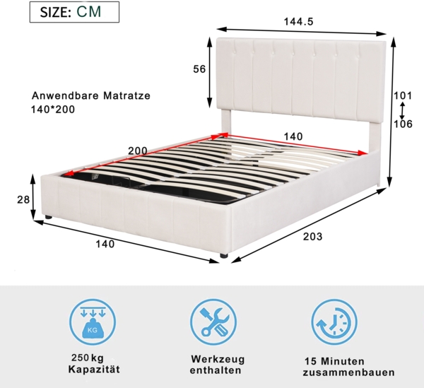 Polsterbett 140x200 cm mit Stauraum aus Samt und hydraulischem Bettkasten – platzsparendes Komfortbett Bild 7