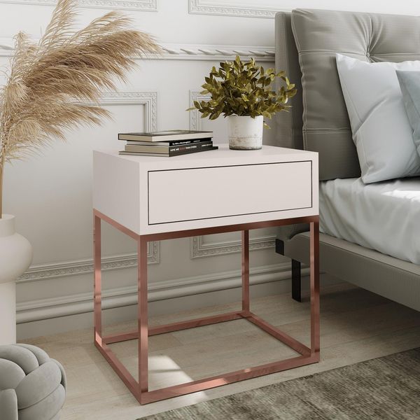 AX LIVING Nachttisch Kommode Aleio Beige kupferfarbenes Metallgestell