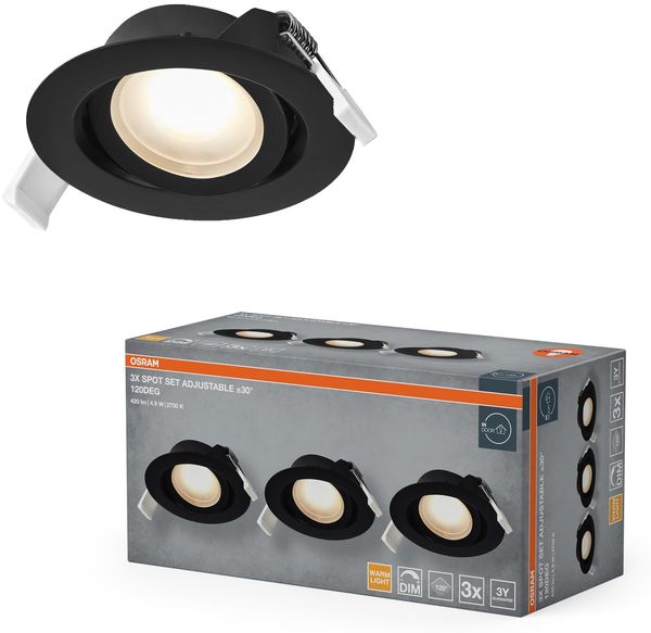 Osram Spot Set LED Einbaustrahler DIM 4,9W 120° Schwarz, 3er Set Deckenspot dimmbar Phasenabschnitt, warmweiß