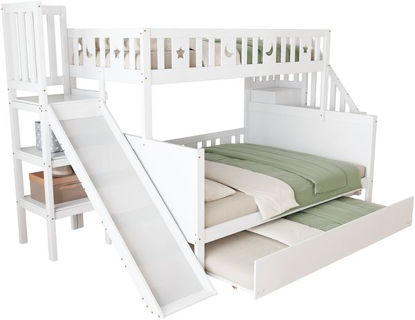 Kinderbett 90*200/140*200 cm, Massivholz-Etagenbett mit Rutsche und Regal mit Sicherheitsstufen, Rollbett und Lattenrost, weiß Bild 4