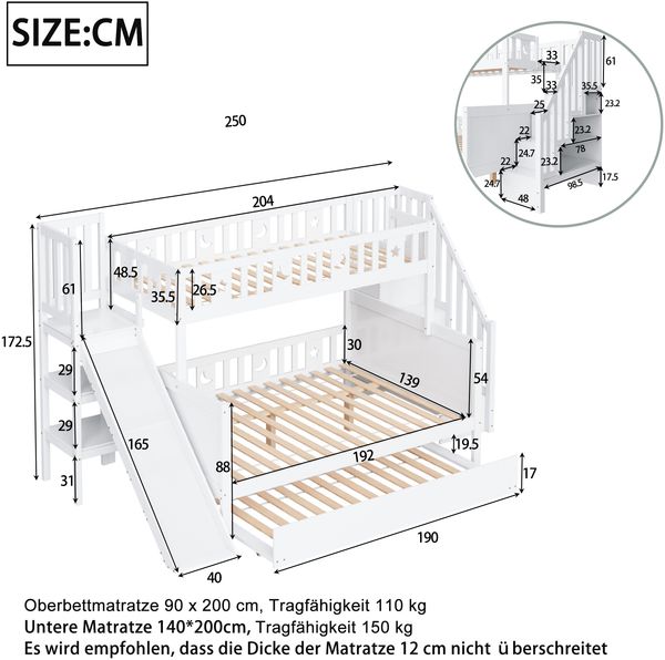 Kinderbett 90*200/140*200 cm, Massivholz-Etagenbett mit Rutsche und Regal mit Sicherheitsstufen, Rollbett und Lattenrost, weiß Bild 10