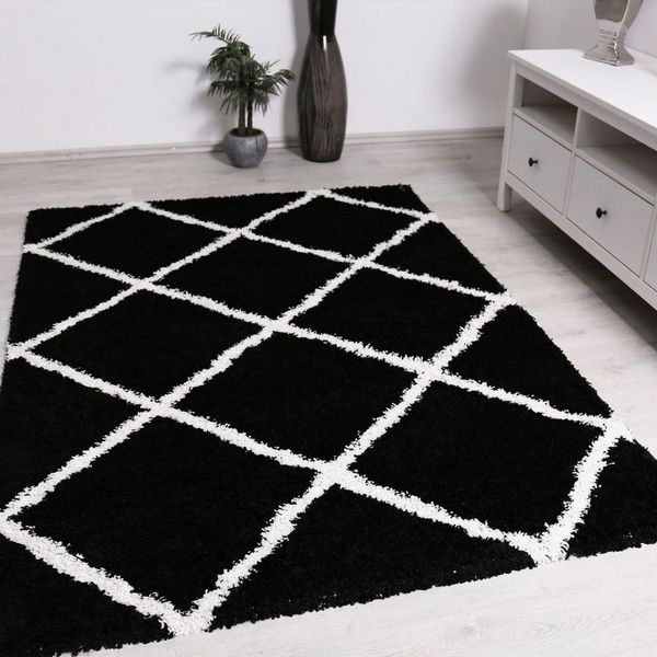 Vimoda Hochflor-Läufer Shaggy Wohnzimmer Rautenmuster Weiss, Rechteckig, Höhe: 30 mm, Langflor, Rauten muster, Skandi Design in Creme