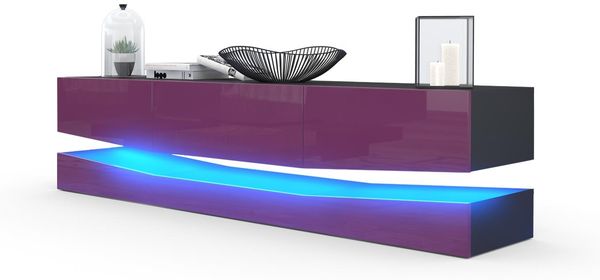 Vladon Lowboard City, TV-Kommode mit Sockelelement, 1 offenem Fach und 3 Schubkästen, Schwarz matt/Brombeer Hochglanz, inkl. LED-Beleuchtung (178 x variabel x 39 cm)