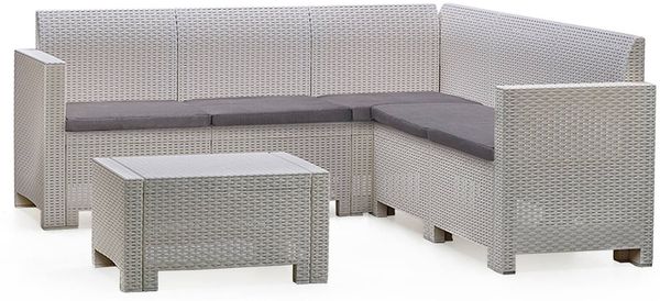 Dmora Loungeset für draußen Somnus, Outdoor-Lounge mit Couchtisch, Terrassenset mit Kissen, Gartenkomposition mit Sofa und Sesseln, Made in Italy, Weiß