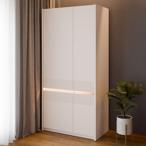 Forte OAK SQUERE Kleiderschrank 90 100, eleganter Schrank mit 2 Türen und Beleuchtung, Holzwerkstoff, 95,3 cm breit x 197,9 cm hoch x 52 cm tief