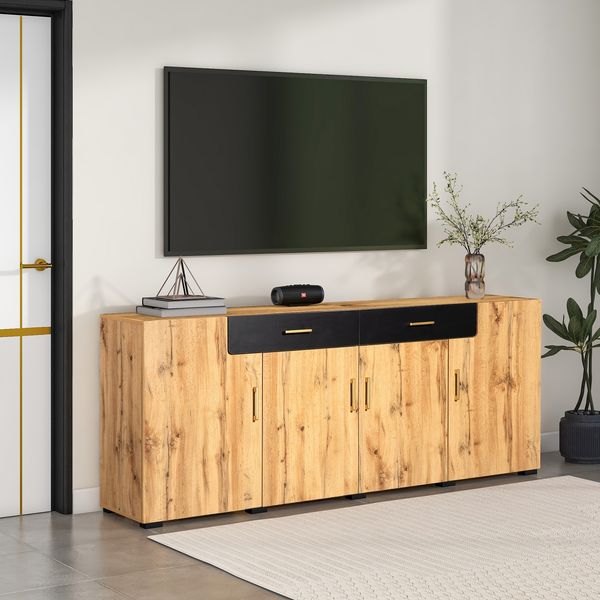 Sideboard 208 cm, 2 Schubladen, 4 Türen, MDF und Spanplatte, mit Eiche-Front, Metallgriffe