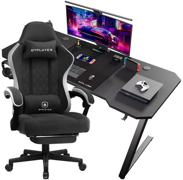 GTPLAYER Gaming-Stuhl Ergonomischer Gaming Sessel Schreibtischstuhl mit Stoffoberfläche (Pacekung), Federsitzkissen mit Fußstütze