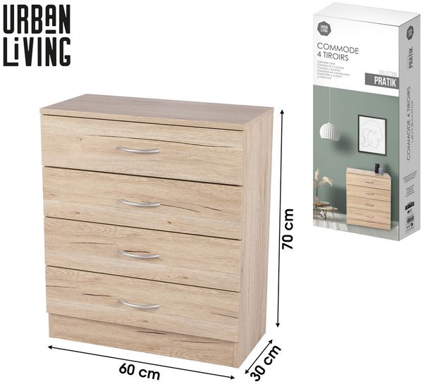 Urban Living Schubkastenkommode Kommode PRATIK Schubladenkommode Holzoptik, mit 4 Schubladen 60 x 30 x H70 cm