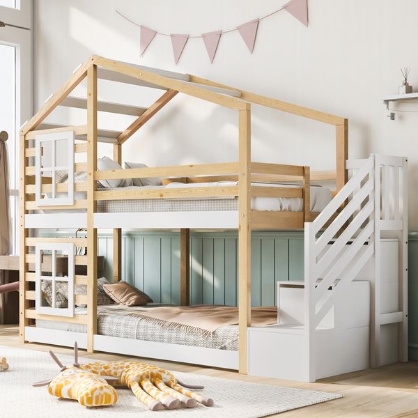Kinderbett Baumhaus 90 x 200 cm, Etagenbett für Kinder in Fensterbauweise mit Speicherung und Rausfallschutz, Natur & Weiß – 2x Lattenrost (Ohne Matratze)