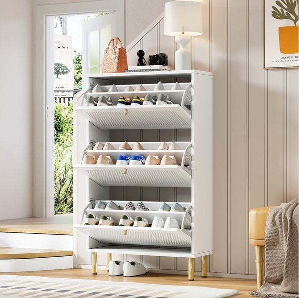 MODFU Schuhschrank Schuhkipper mit 3 geriffelten Türen (Schuhschrank mit 6 Ablageflächen für den Eingangsbereich, 1-St, B73/T23/H125 cm)