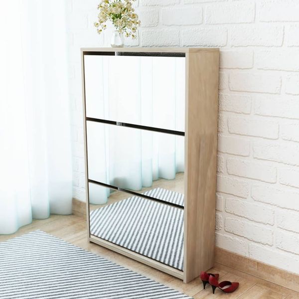 vidaXL Schuhschrank mit 3 Fächern Spiegel Eiche-Optik 63x17x102,5 cm 243047
