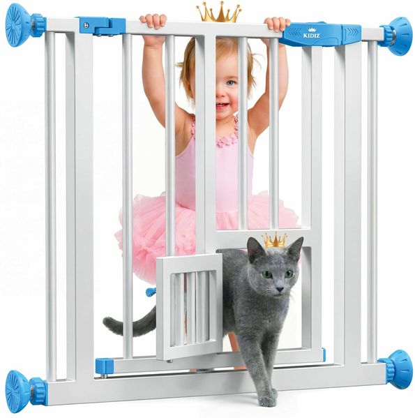 KIDIZ® Absperrgitter zum Klemmen mit Katzenklappe, Türschutzgitter, Autoclose Kinder Treppengitter ohne Bohren | 90° Stopp Schutz, schwenkbar, Treppenschutzgitter Blau, 74 - 80 cm