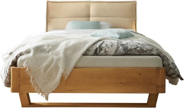 Stella Trading TJARK Modernes Massivholzbett 140x200, Fichte - Komfortables & hochwertiges Balkenbett mit gepolstertem Kopfteil - 146 x 89 x 219 cm (B/H/T)