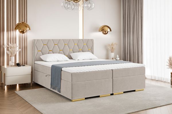 MEBLINI Boxspringbett mit Bettkasten - 140x200 - H3/Beige Samt - Versal - Gepolstert Doppelbett mit Matratze und Topper - Polsterbett mit Stauraum - Bett mit Kopfteil - Stauraumbett