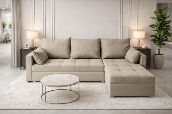 AX LIVING Ecksofa ELIF Beige mit Schlaffunktion L-Form, Sofa mit Bettkasten - Moderne Ecksofa, Wohnzimmer Ecksofa - Eckcouch Beige - Rechts