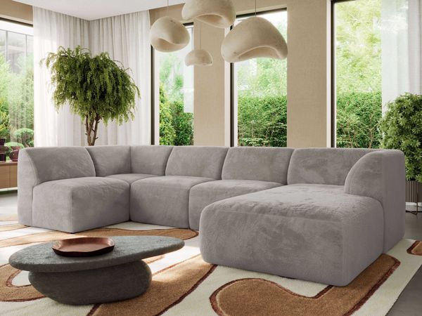 Modulares XXL-Ecksofa MODARO 5M, U-Form, Wohnlandschaft, 5-teilig, freistehend, Wohnzimmer Couch, HR-Schaumstoff - Hellgrau Plüsch - Rechts