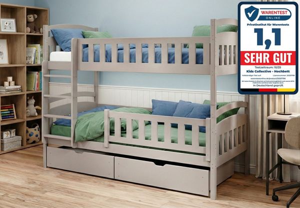 Kids Collective Etagenbett Hochbett Kinderbett 90x200 umbaubar in zwei Einzelbetten (Modell 2025), 200x90 mit 2 Schubladen Lattenrost Rausfallschutz 2 Matratzen Kaschmir