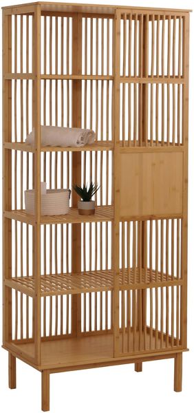 Mendler 'HWC-N81' Badregal mit 3 Regalböden und Schiebetür, Bambus natur, 80 x 45 x 186 cm