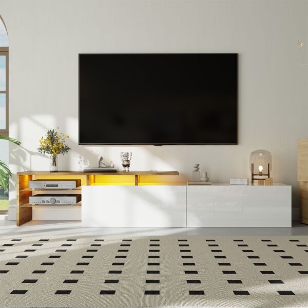 TV-Lowboard aus Spanplatte mit Glasböden & LED, 170x33x33,5 cm, Weiß/Natur