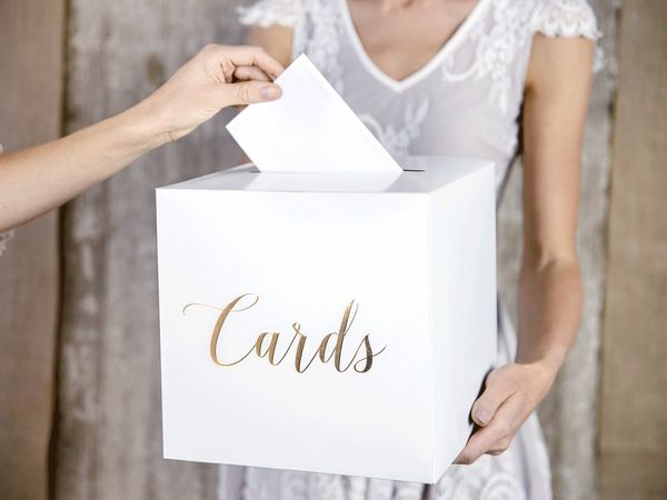 partydeco Geschenkbox, Kartenbox Hochzeit 24cm Papier, weiß / gold